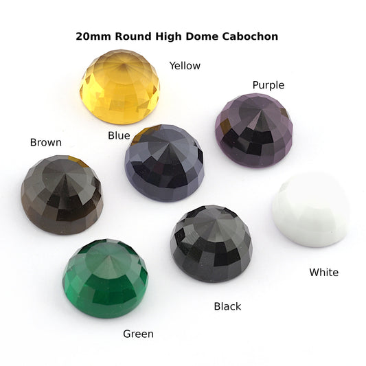 Faceted Glass High Dome Round Cabochon 20mm Flat Back Yellow, Brown, Blue, Purple, Green, Black, White CAB21