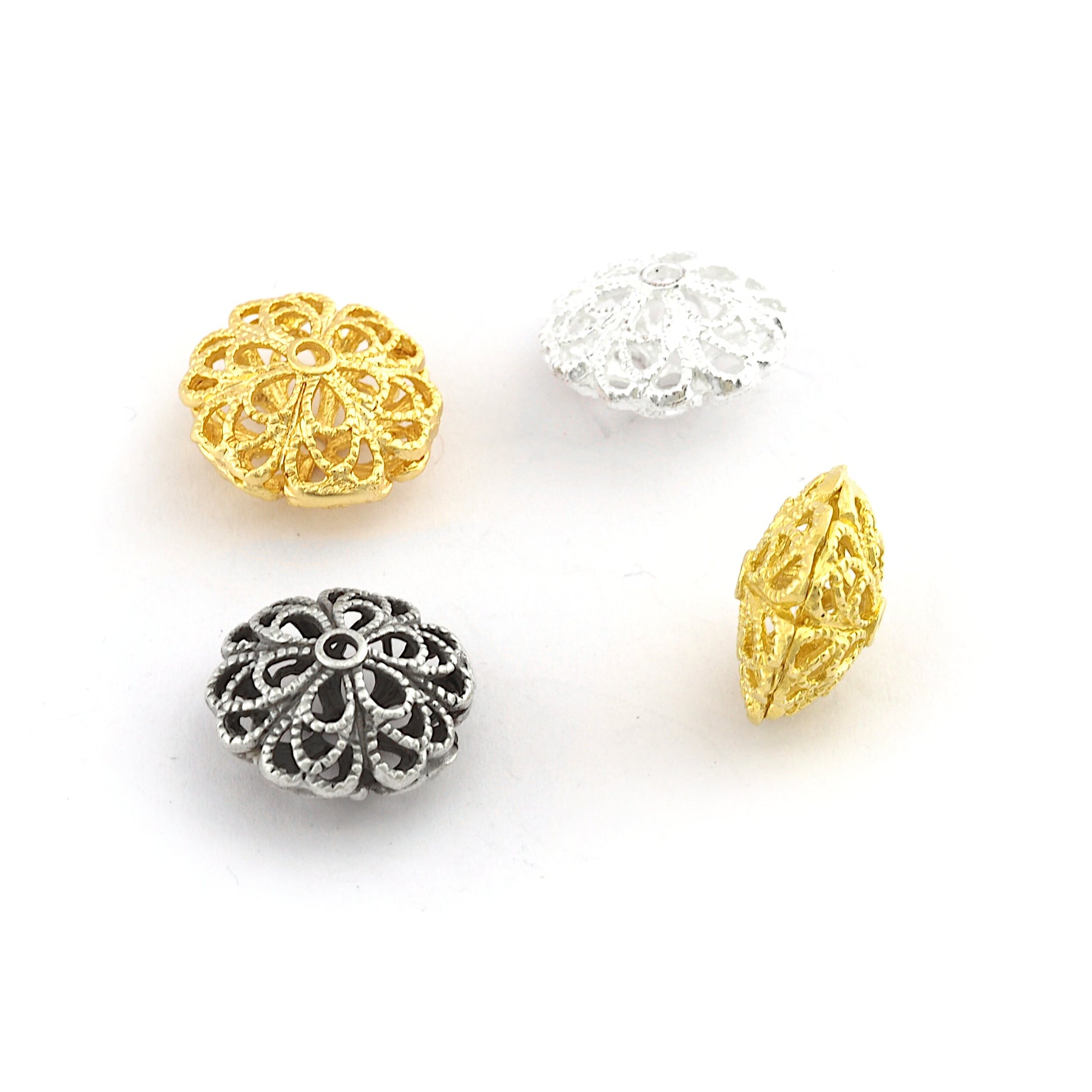 Flower Spheroid Sphere Ball Spacer Beads, Raw Brass Shiny Gold Plated, Antique Silver, Shiny Silver Plated 16x9mm bab2 5445