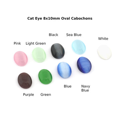 Oval Glass Cat Eye Cabochon 8x10 mm Flat Back Pink, Light Green, Black, Sea Blue, White, Purple, Green, Blue, Navy Blue CAB158