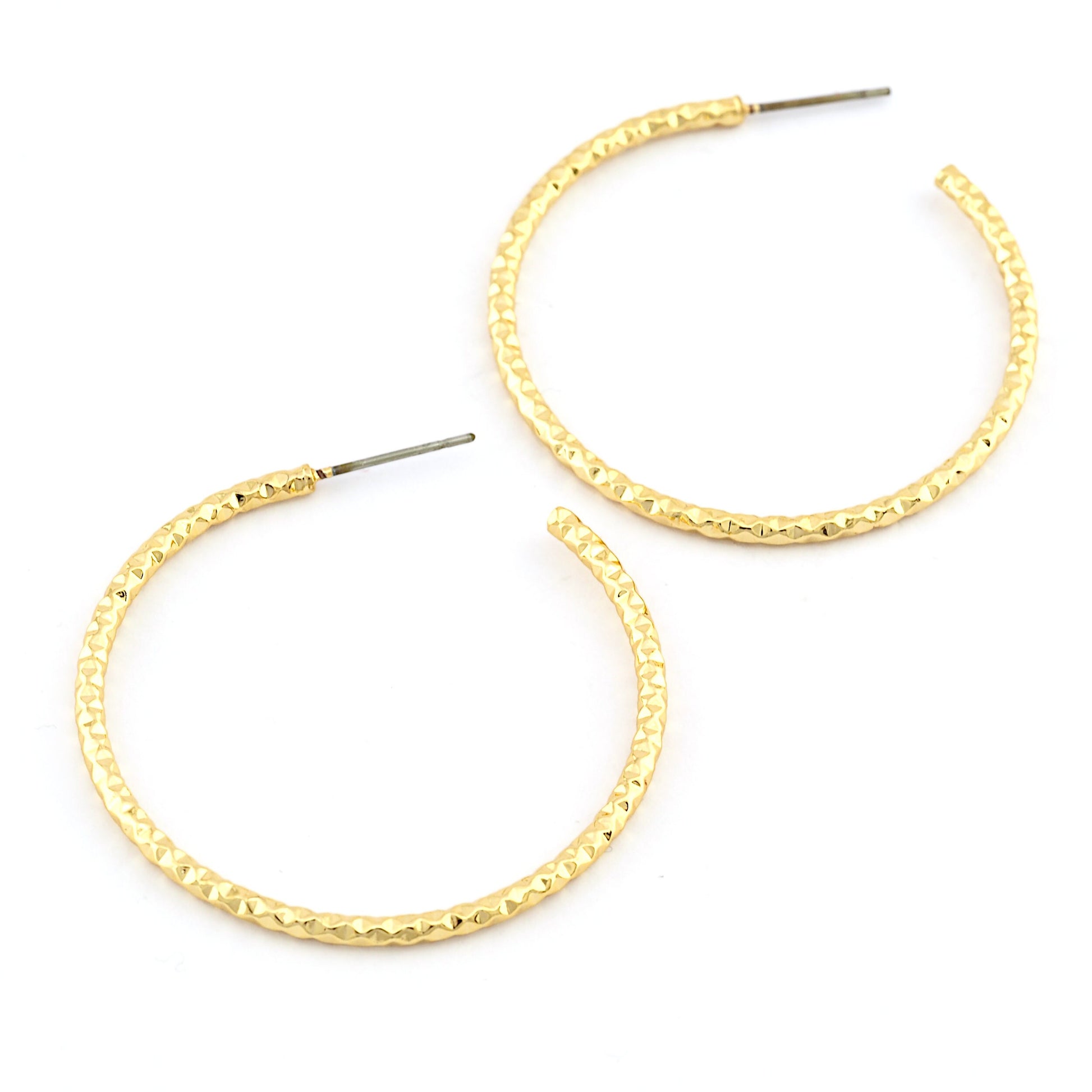 Hammered Hoop Earrings Stud, Shiny Gold Plated brass , 39mm 1900