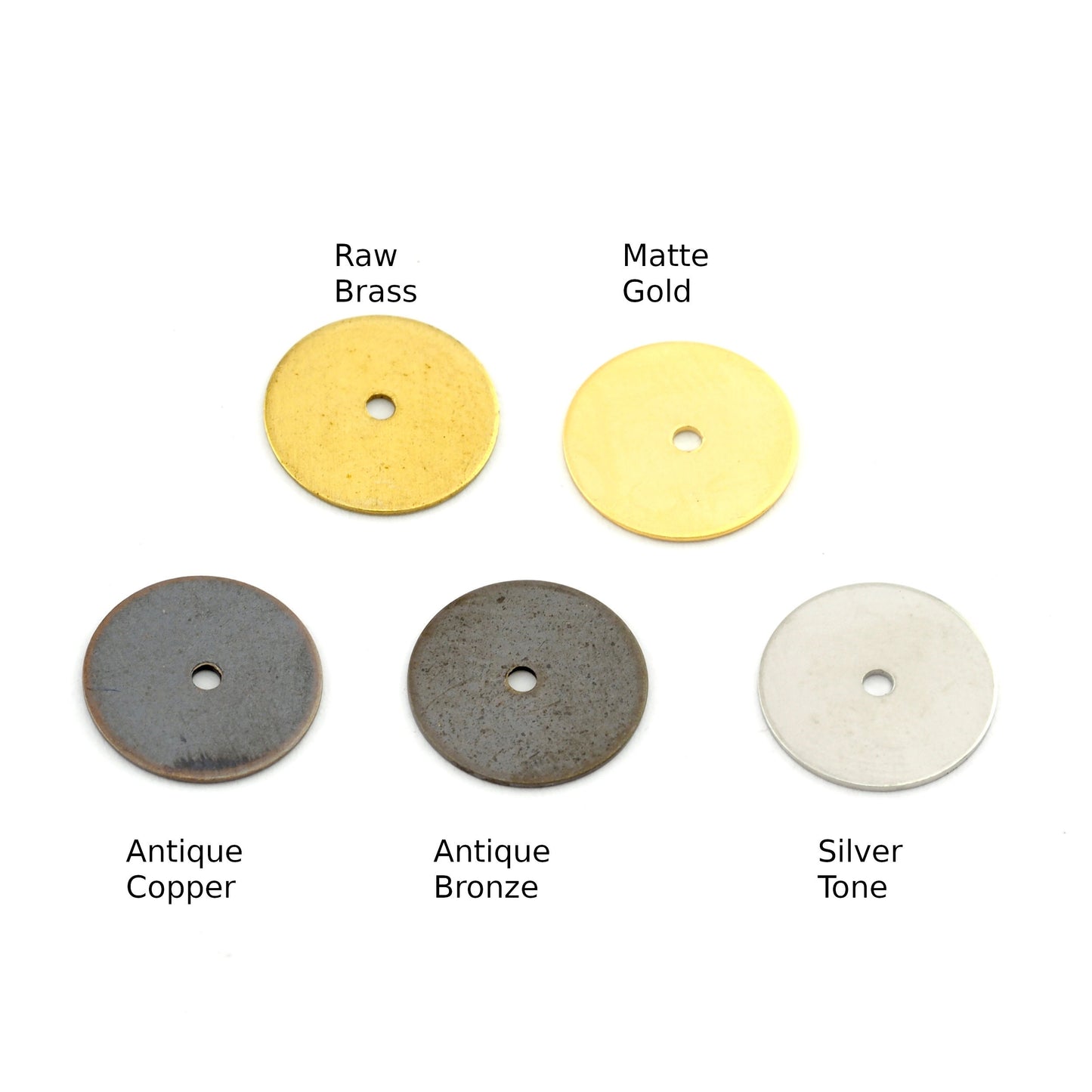 Circle middle hole disc Raw brass, Silver Tone, Antique Copper, Antique Bronze, Matte Gold 12mm charms , findings 0070