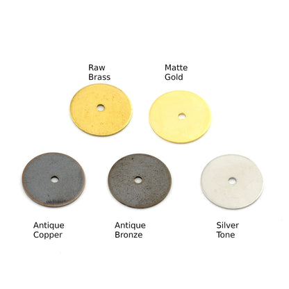 Circle middle hole disc Raw brass, Silver Tone, Antique Copper, Antique Bronze, Matte Gold 12mm charms , findings 0070