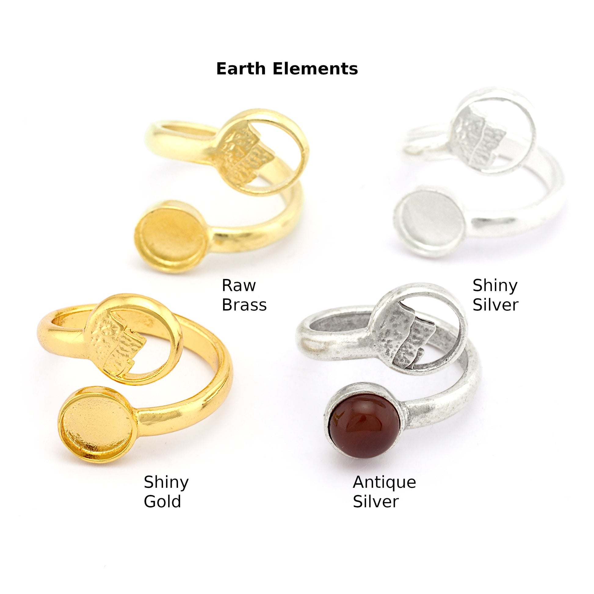 Earth Four Elements Band Ring , Bezel Setting Blank Raw Brass, Antique Silver, Shiny silver, Shiny gold plated Brass (8mm Blank ) 5458