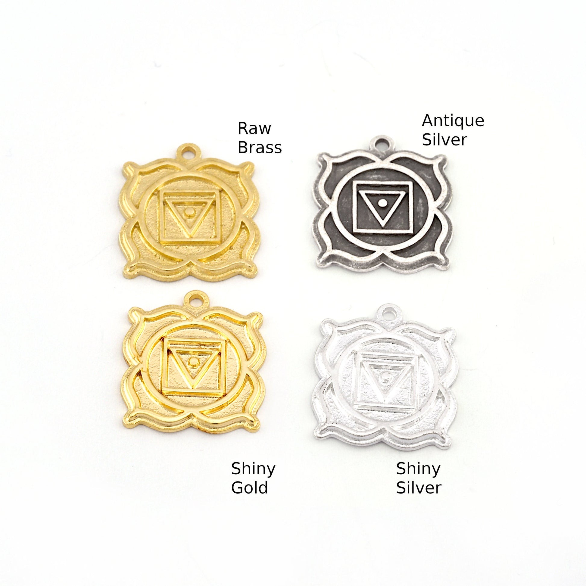 Chakra Muladhara Small Charms Shiny Gold - Shiny Silver - Antique Silver Plated or Raw Brass - 19x16mm 5477