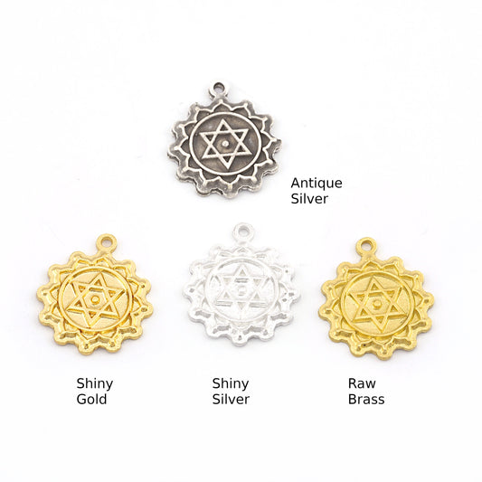 Chakra Anahata Small Charms Shiny Gold - Shiny Silver - Antique Silver Plated or Raw Brass - 19x16mm 5478