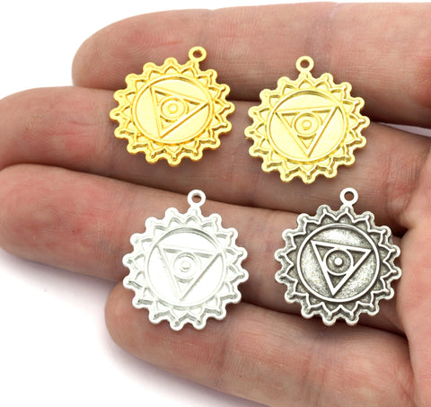 Chakra Vishuddha Charms Shiny Gold - Shiny Silver - Antique Silver Plated or Raw Brass - 24x21mm 5464