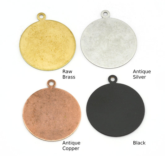 Brass disc circle tag charms Raw brass, Antique silver, Antique Copper, Black findings 29x25mm 919