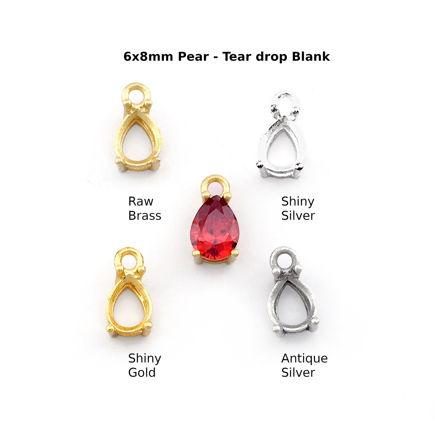 Pear - Tear Drop Charms Prong Rhinestone Blank Setting Raw Brass, Shiny gold, Antique silver, Shiny silver Pendant 6x8mm 5468