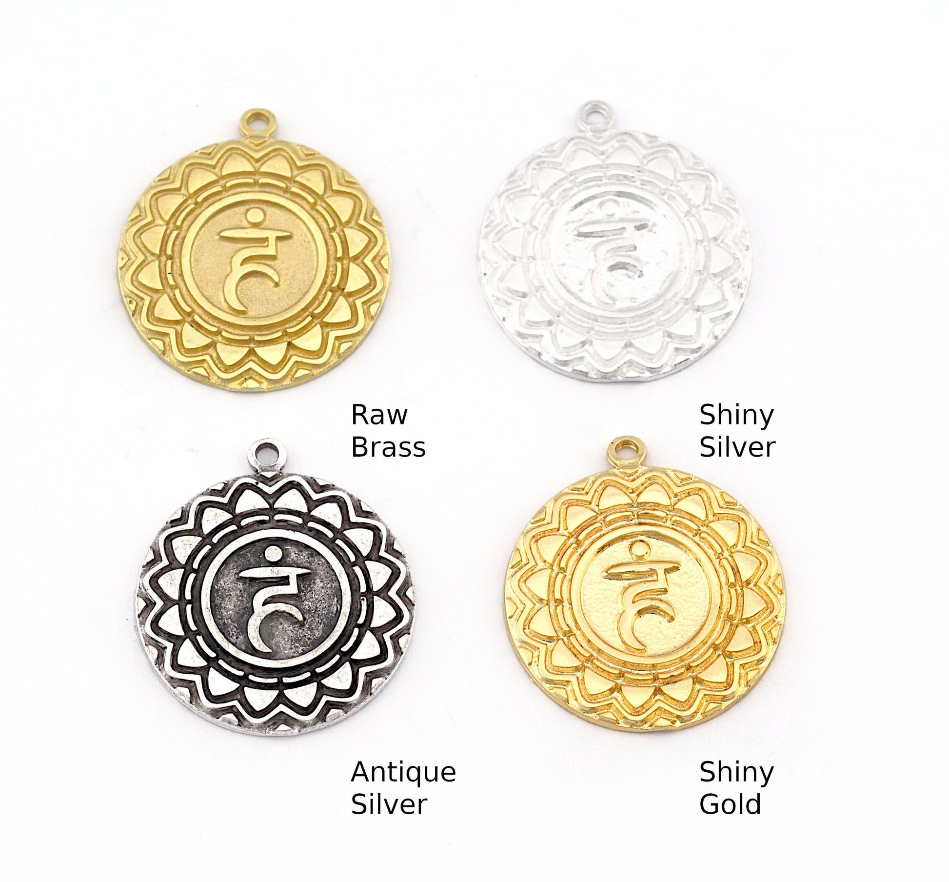 Chakra Vishuddha Charms Shiny Gold - Shiny Silver - Antique Silver Plated or Raw Brass - 24x21mm 5470