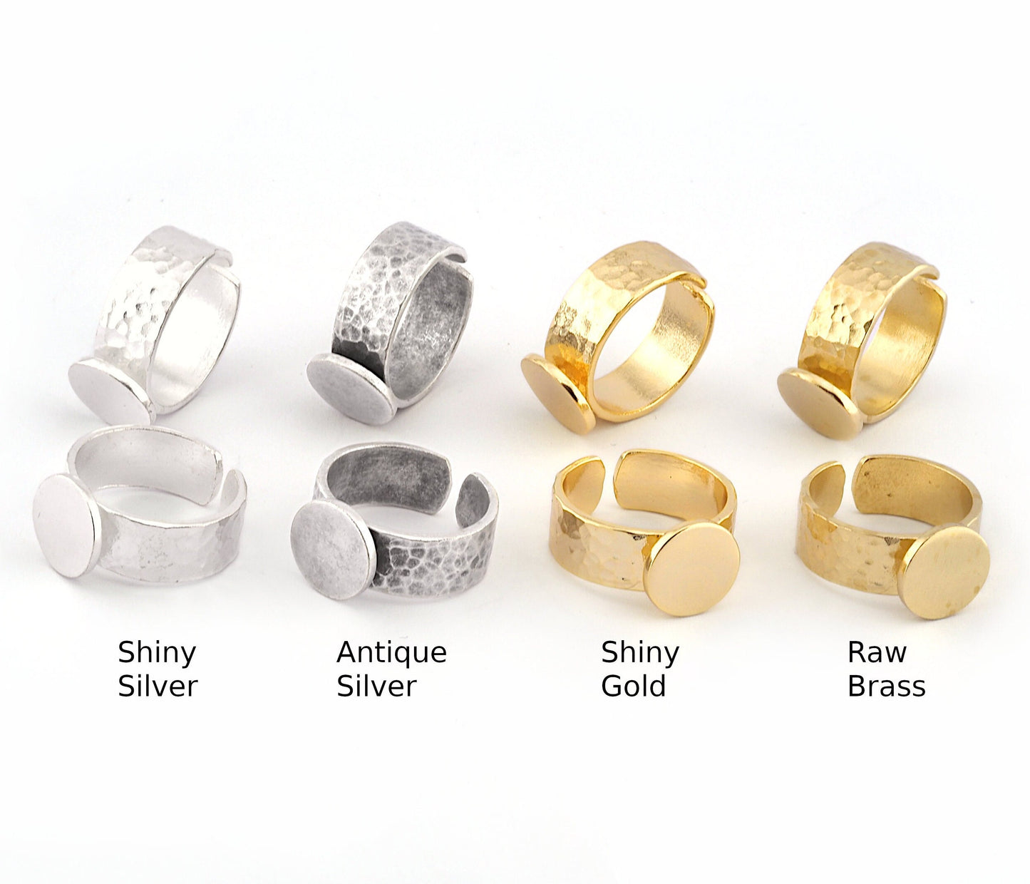 Band Ring Hammered Round Blank Adjustable Raw Brass- Shiny Silver - Antique Silver, Shiny Gold Plated Brass 12mm Blank 5491