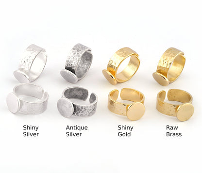 Band Ring Hammered Round Blank Adjustable Raw Brass- Shiny Silver - Antique Silver, Shiny Gold Plated Brass 12mm Blank 5491