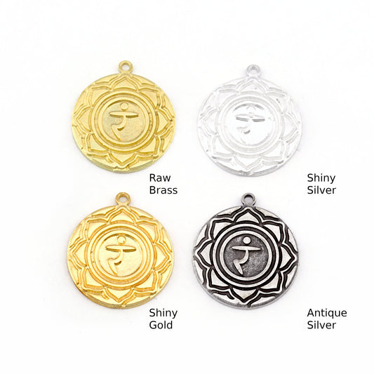 Chakra Manipura Charms Shiny Gold - Shiny Silver - Antique Silver Plated or Raw Brass - 24x21mm 5474