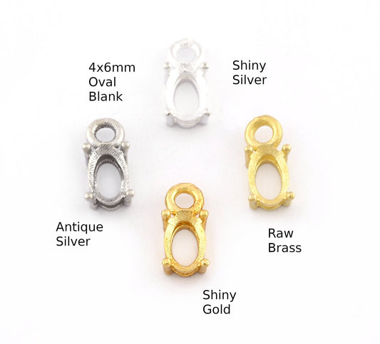 Oval Charms Prong Rhinestone Blank Setting Raw Brass, Shiny gold, Antique silver, Shiny silver Pendant 4x6mm 5502