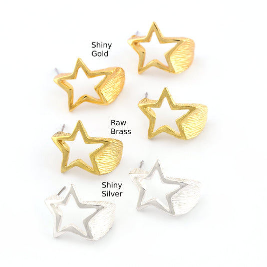 Stars earring post stud wire base Raw brass, Shiny Silver, Shiny Gold 19x18mm 4380