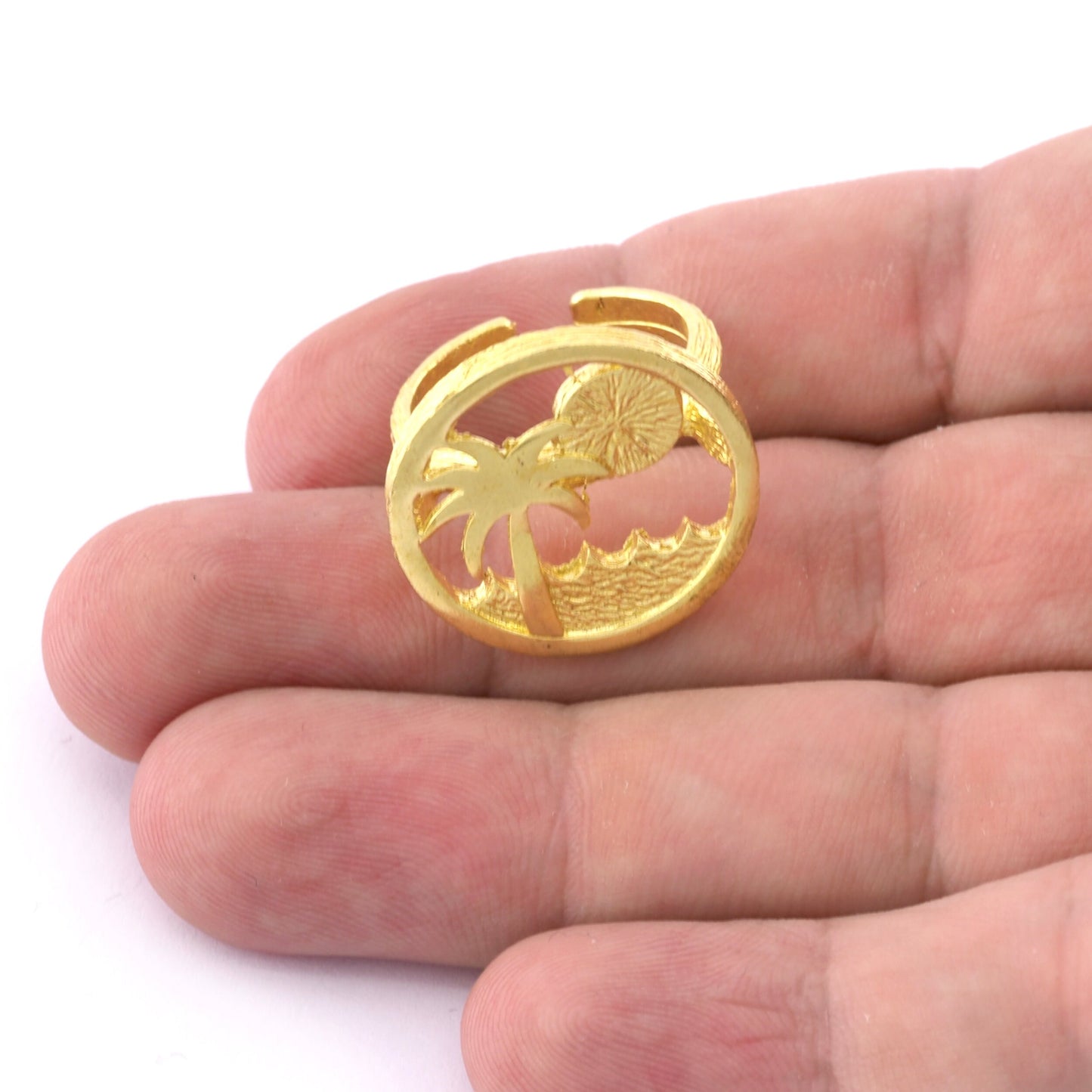 Ring Tropic Palm Tree Sun Wave Beach , Adjustable Ring, Raw brass, Antique silver, Shiny Gold (7 - 9US inner size) 5176