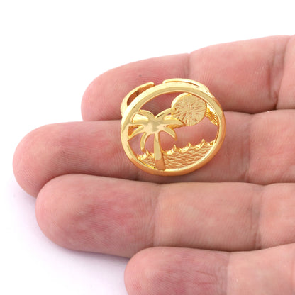 Ring Tropic Palm Tree Sun Wave Beach , Adjustable Ring, Raw brass, Antique silver, Shiny Gold (7 - 9US inner size) 5176
