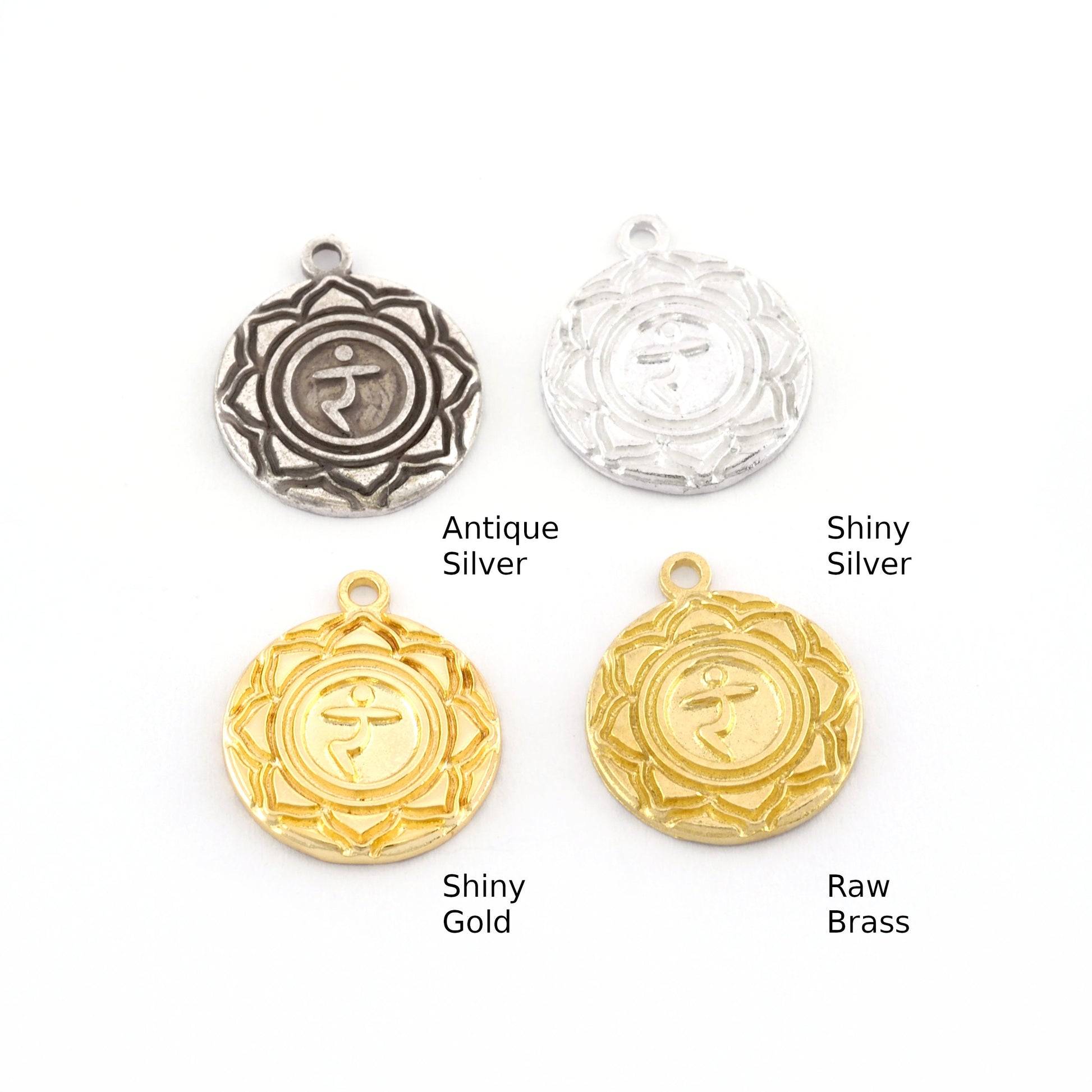 Chakra Manipura Small Charms Shiny Gold - Shiny Silver - Antique Silver Plated or Raw Brass - 18x15mm 5494