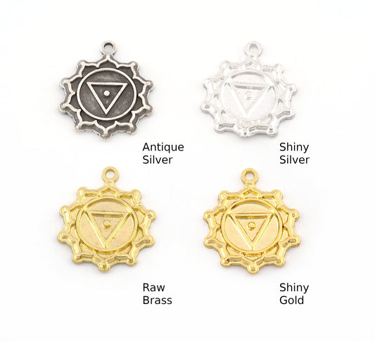 Chakra Manipura Small Charms Shiny Gold - Shiny Silver - Antique Silver Plated or Raw Brass - 19x16mm 5495