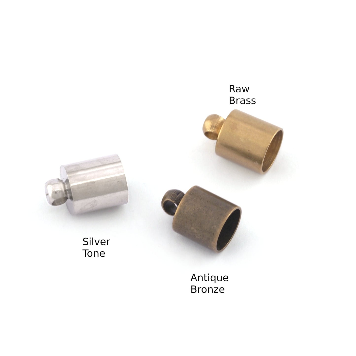Round Ends Cap with loop 8x12mm (7mm hole) Raw brass, Silver tone, Antique bronze cord tip ends, ribbon end, , ENC7 1729