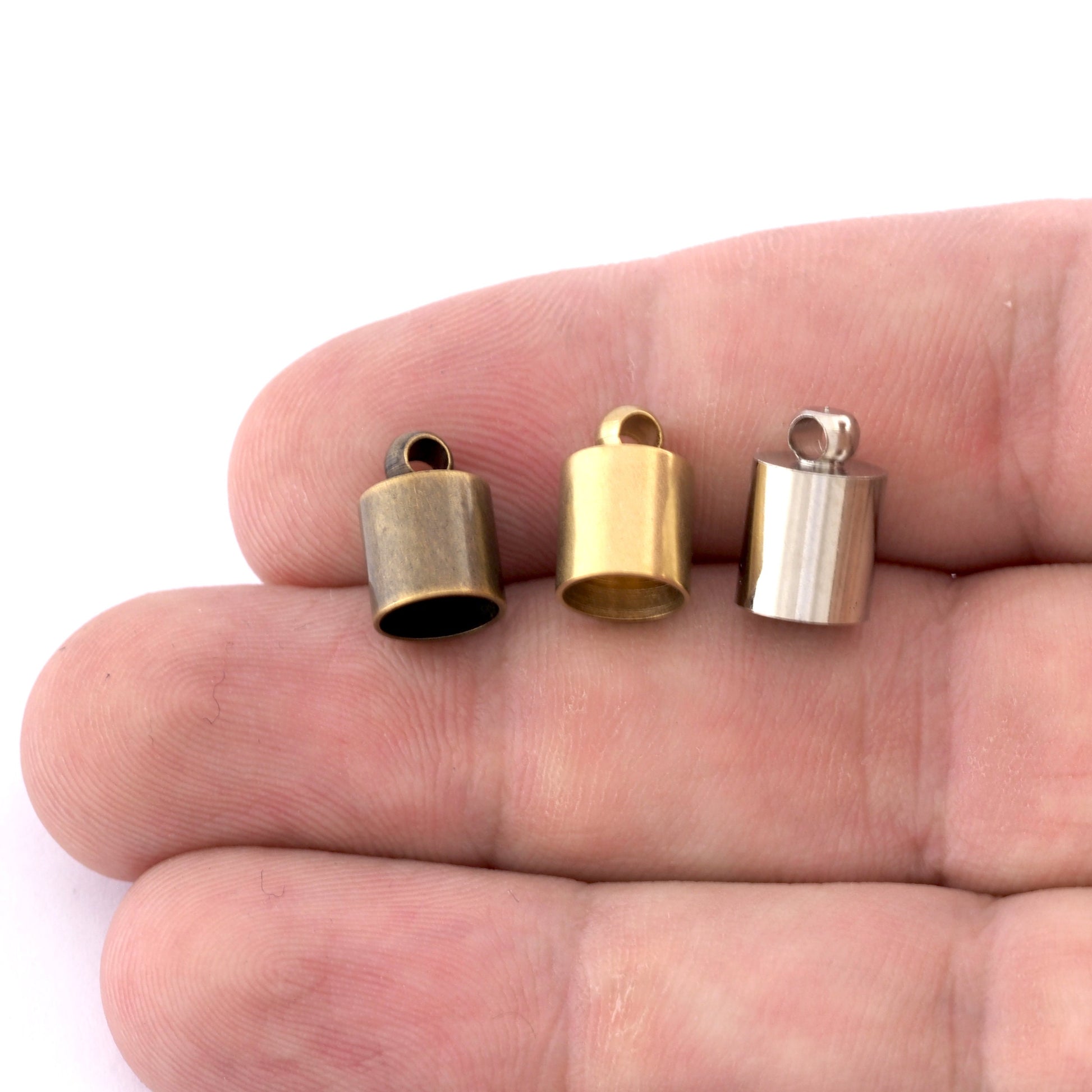 Round Ends Cap with loop 8x12mm (7mm hole) Raw brass, Silver tone, Antique bronze cord tip ends, ribbon end, , ENC7 1729