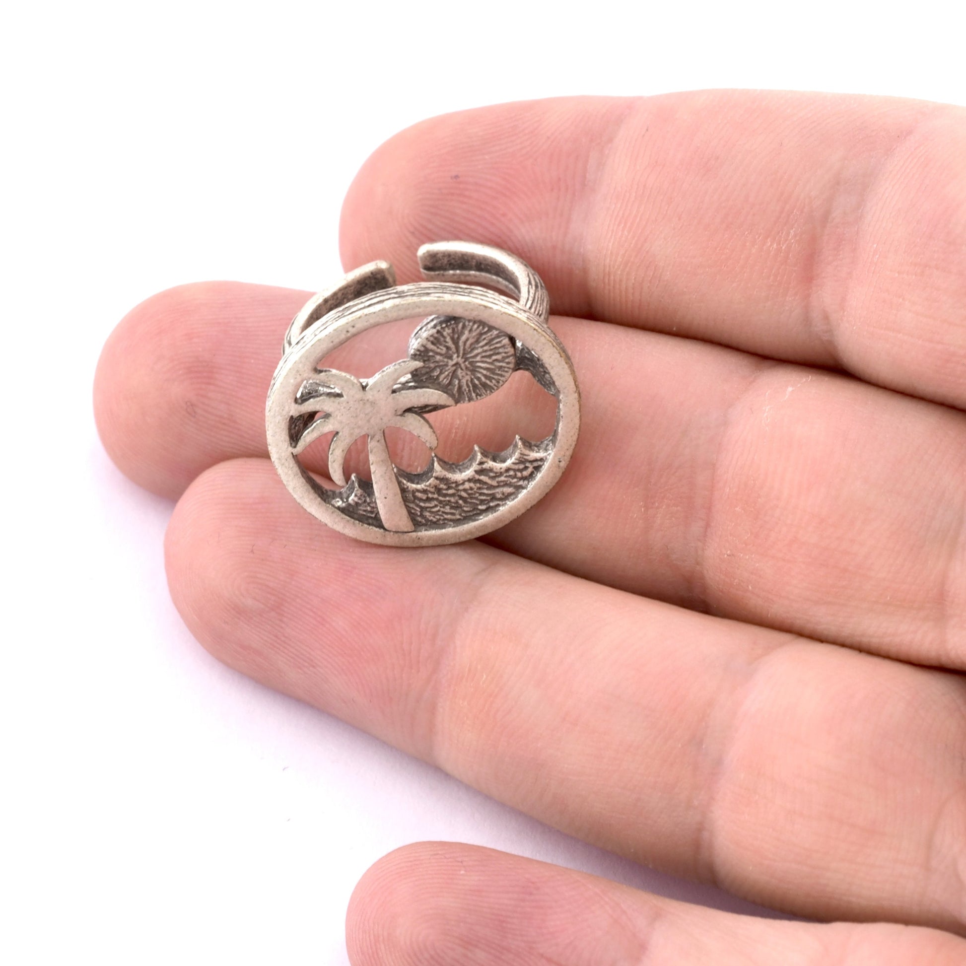 Ring Tropic Palm Tree Sun Wave Beach , Adjustable Ring, Raw brass, Antique silver, Shiny Gold (7 - 9US inner size) 5176