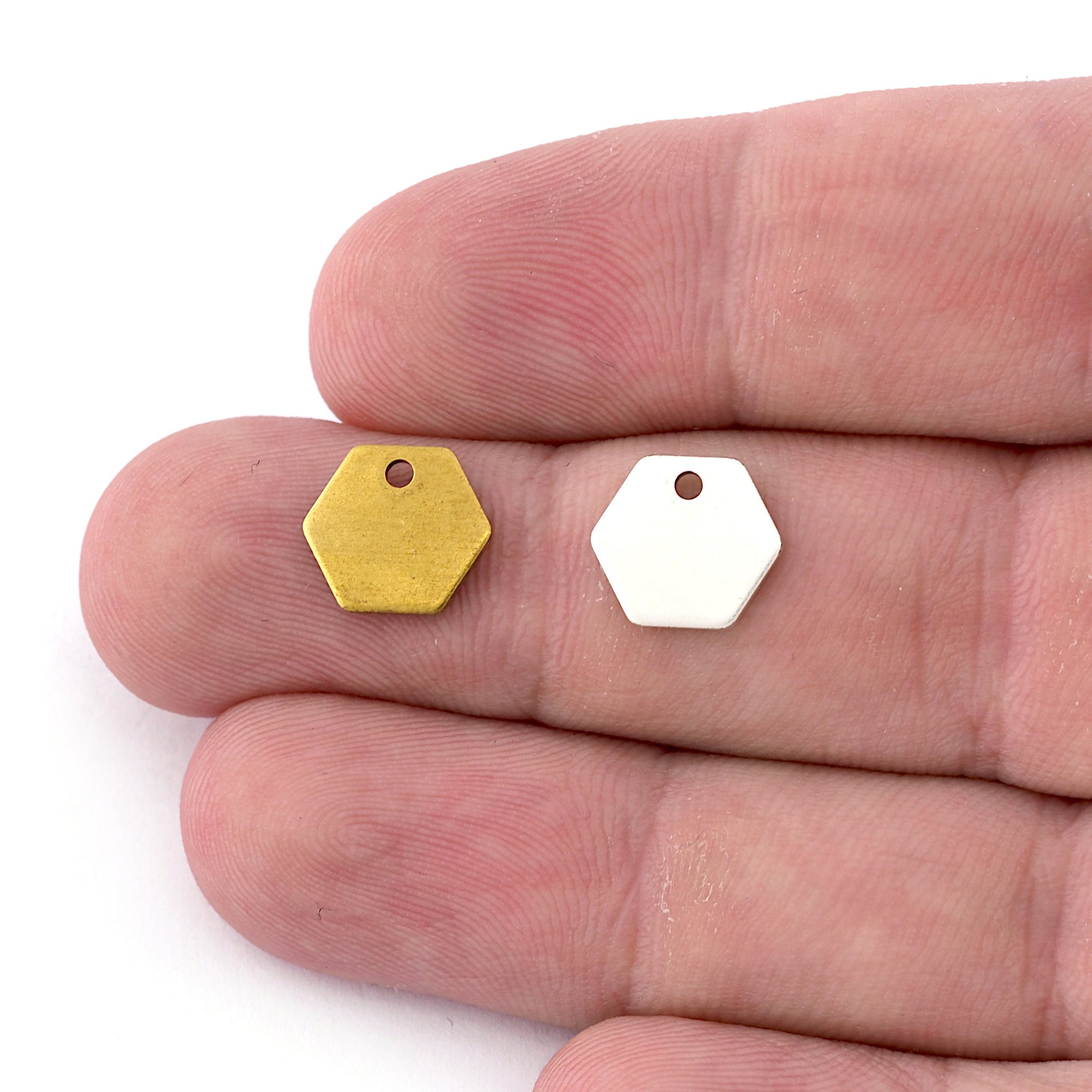 Hexagonal tag Raw brass , Antique silver plated 10mm 1 hole charms ,findings 3309-57