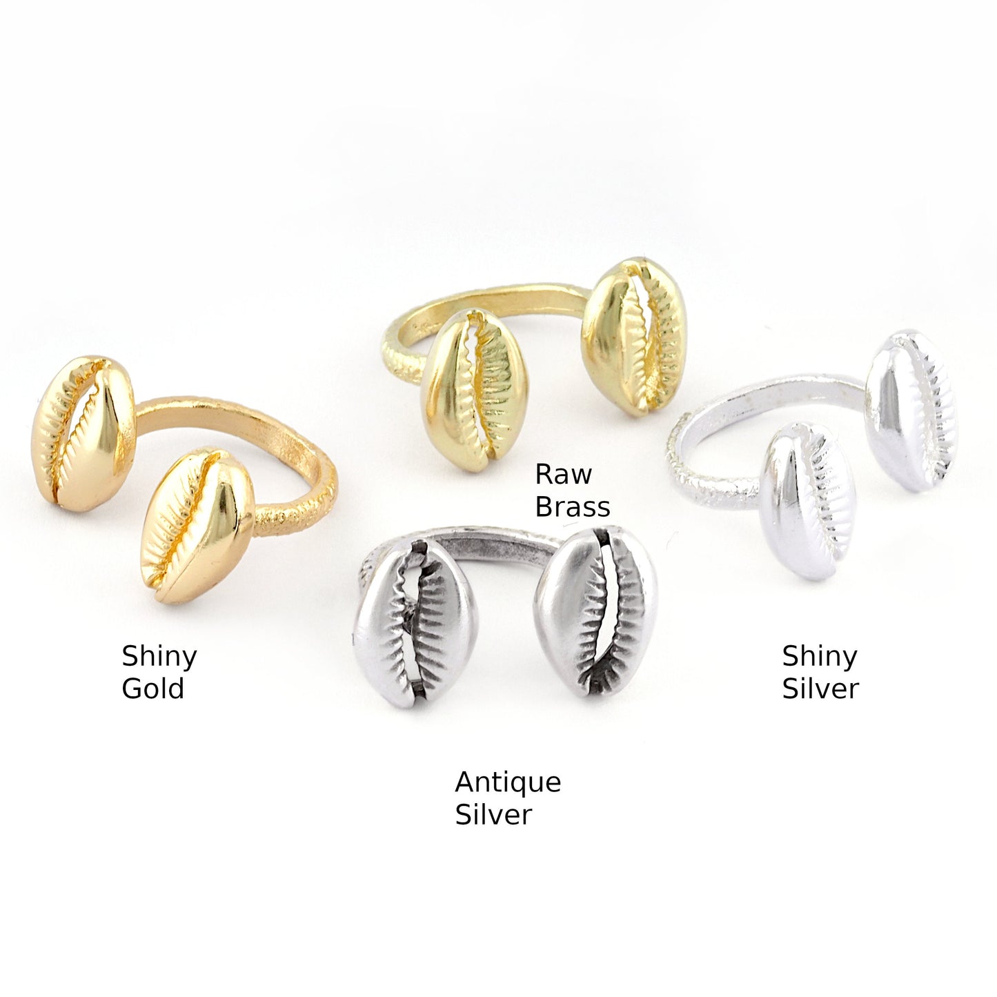 Cowrie Ring , Adjustable , Raw Brass, Antique Silver Shiny silver, Shiny gold plated Brass (8us) 5508