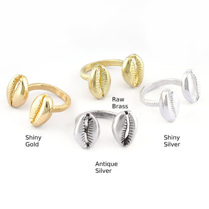 Cowrie Ring , Adjustable , Raw Brass, Antique Silver Shiny silver, Shiny gold plated Brass (8us) 5508