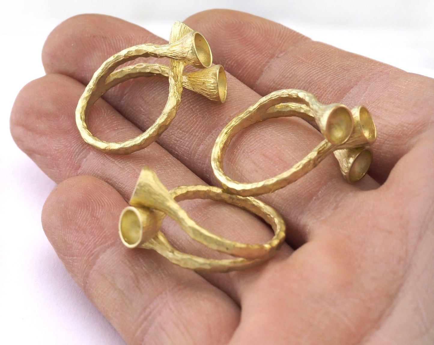 Adjustable Raw Brass Ring Base with Triple 5mm Bezel Cups | Organic Floral Ring Setting | US 17 Size | DIY Jewelry Supplies 2370