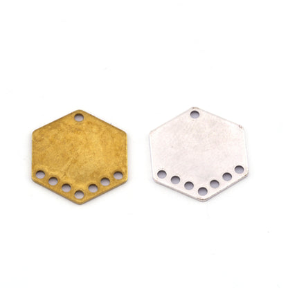 Hexagonal Tag Connector 20mm Raw brass, Antique Silver stamping (0,8mm 20 gauge) 8 hole charms ,findings 3869R-220