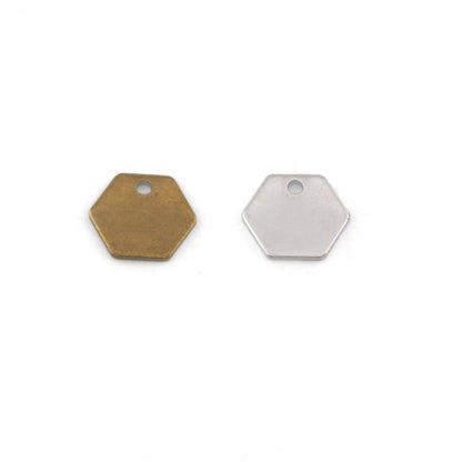 Hexagonal tag Raw brass , Antique silver plated 10mm 1 hole charms ,findings 3309-57