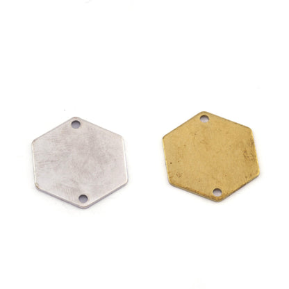 hexagonal tag tassel stamping (0,8mm 20 gauge) 2 hole charms , 20mm raw brass, antique silver findings 980R-220