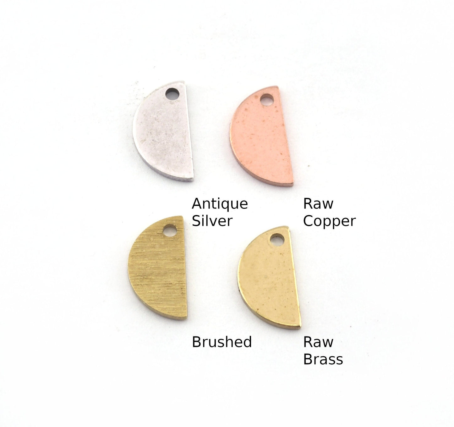 Semi Circle Half Moon copper - raw brass - brushed - antique silver 6x12mm (0.8mm thickness) charms findings blank R332