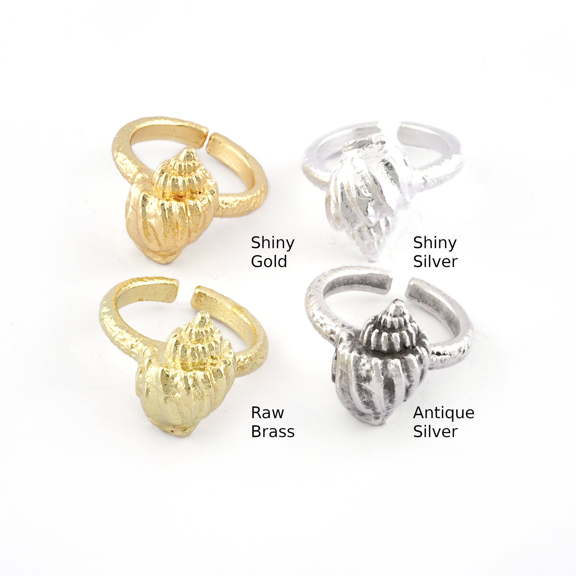 Conch Sea Shell Ring , Adjustable , Raw Brass, Antique Silver Shiny silver, Shiny gold plated Brass (7us) 5513