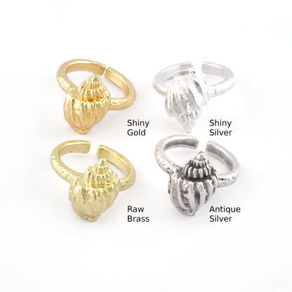 Conch Sea Shell Ring , Adjustable , Raw Brass, Antique Silver Shiny silver, Shiny gold plated Brass (7us) 5513