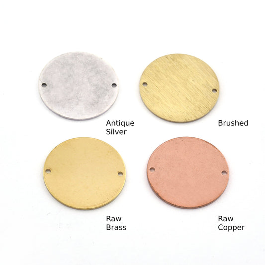 Round 22mm Tag Stamping Antique Silver Plated, Blank Raw, Brushed Brass, Copper, 0.8 mm 2 hole Findings 4442