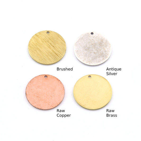 Round 18mm Charms Tag Stamping Blank Raw, Brushed Brass, Copper, Antique Silver Plated 0.8 mm 1 hole Findings 4415