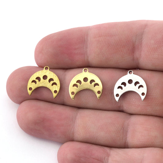 Crescent Moon 15mm 3 Hole Raw Brass, Antique Silver, Brushed Connector Charms Findings Stampings 4961