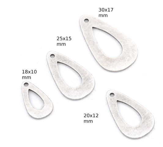 Drop Shape Charms, Earring Charms Antique silver plated brass 18x10mm, 20x12mm, 25x15mm, 30x17mm thickness 0.8mm 4986