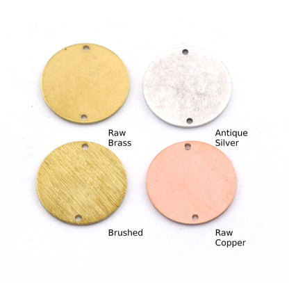 Round 18mm Connector Charms Tag Stamping Blank Raw Brass , Brushed Brass, Copper, Antique Silver 0.8 mm 2 hole Findings 4440