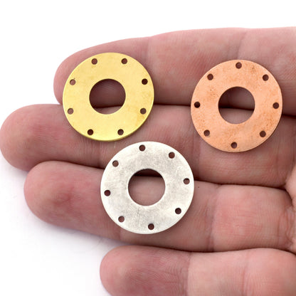 Coin Round Disc Spacer Connector Raw Brass - Copper - Antique Silver 25mm 8 Hole tags S77