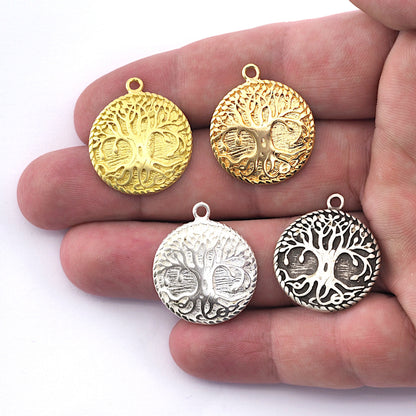 Tree Charms, Nature Charms, Round Pendant Raw Brass - Antique Silver - Shiny silver - Shiny gold 28x24mm 3044