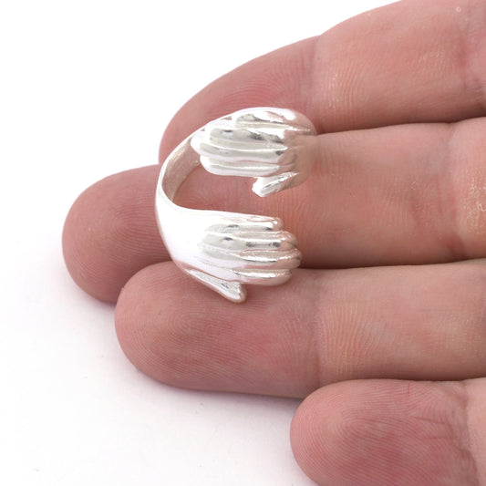 Hands Ring, Adjustable Ring Shiny silver plated brass (18mm 8US - 9US inner size) Oz4007