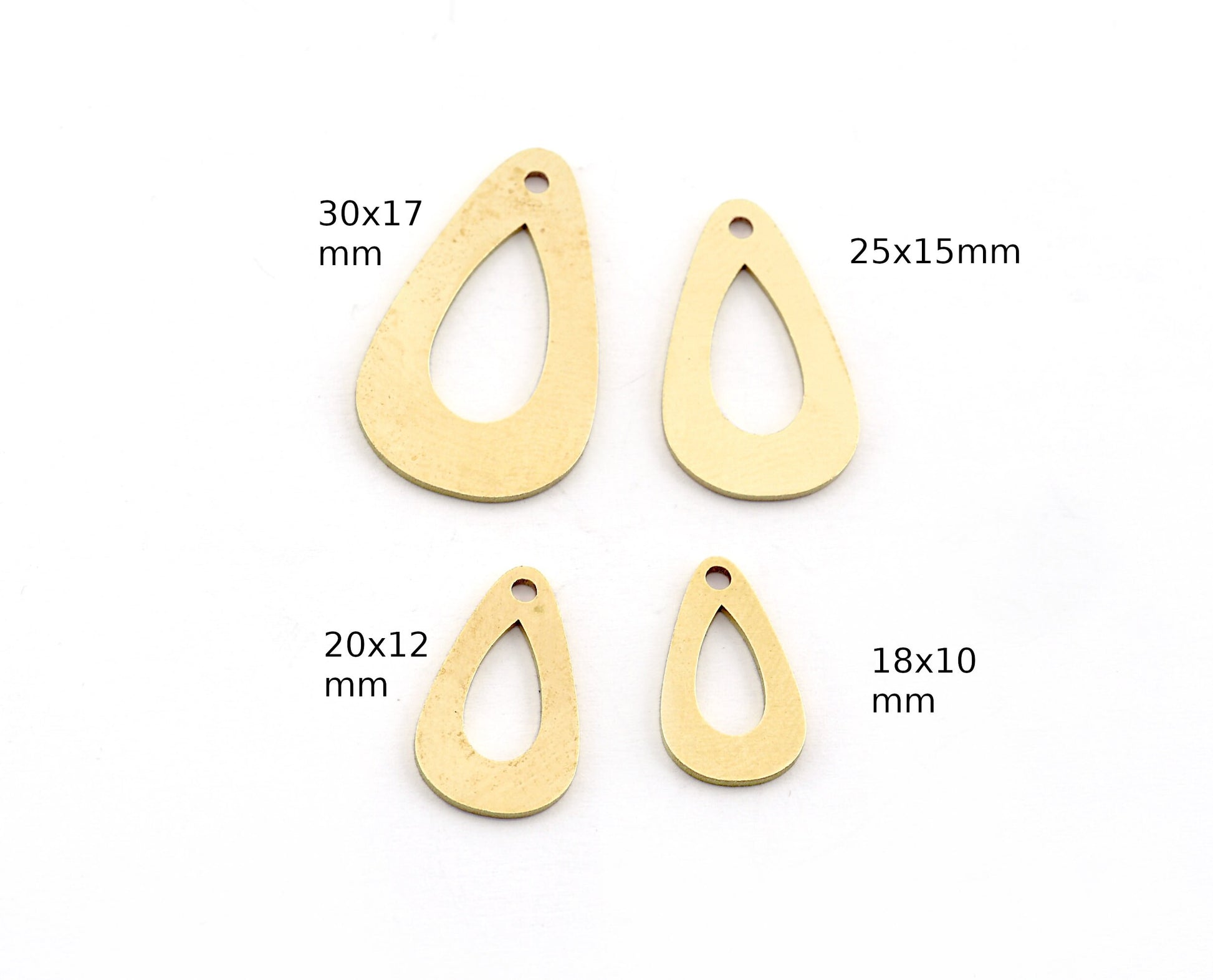 Drop Shape Charms, Earring Charms, Tear Drop Mid Hole, Raw brass 18x10mm, 20x12mm, 25x15mm, 30x17mm thickness 0.8mm 4986