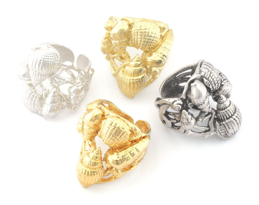 Sea Shell Nautical Signet Adjustable Ring Raw Brass - Antique silver - Shiny silver - Shiny gold Plated (7US - 10US inner size) 4790