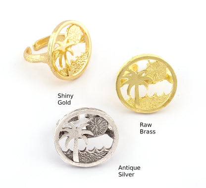 Ring Tropic Palm Tree Sun Wave Beach , Adjustable Ring, Raw brass, Antique silver, Shiny Gold (7 - 9US inner size) 5176