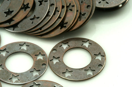 40 pcs antique copper tone brass 20mm circle star 2 hole connector charms ,findings 152AC-34