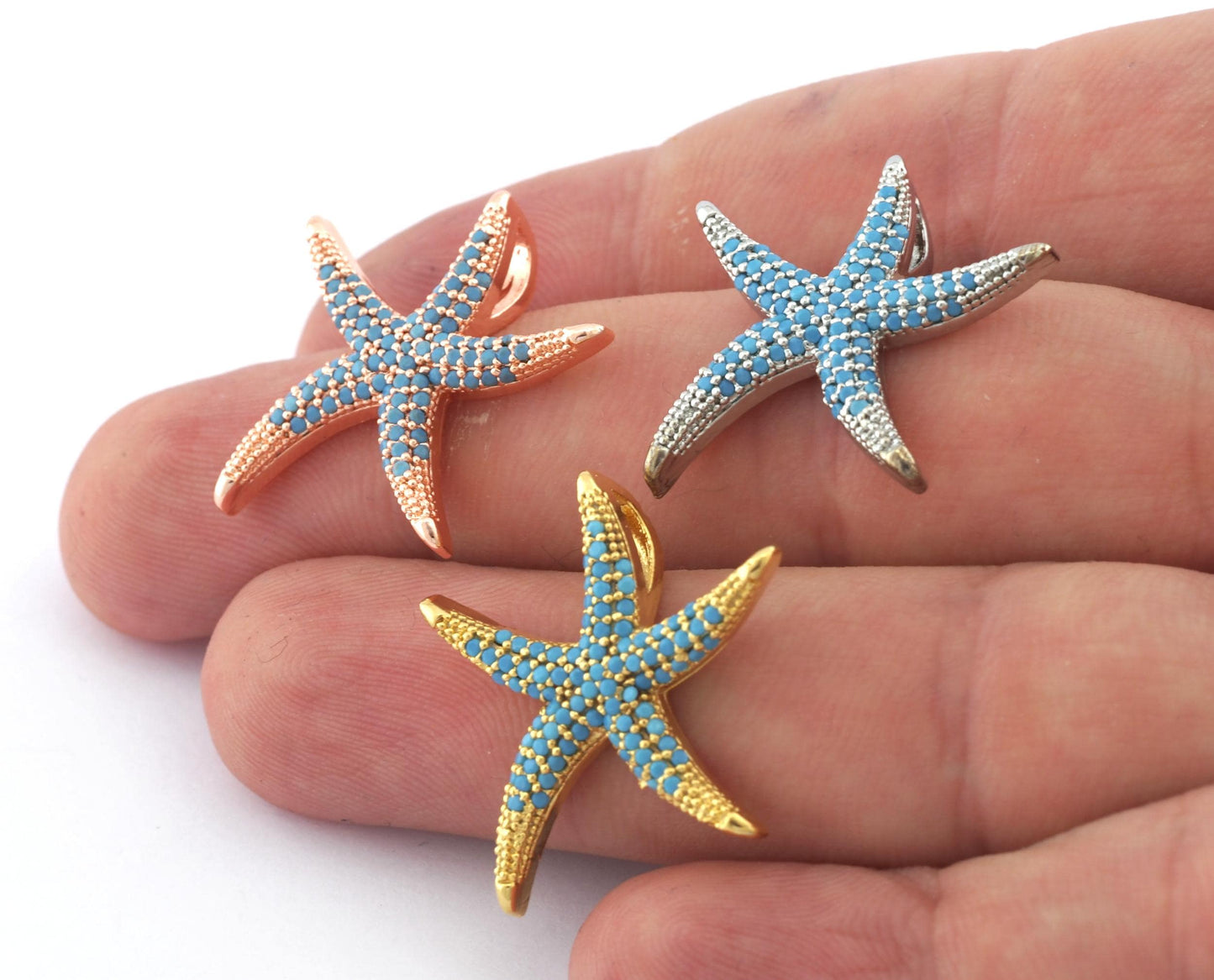 Starfish Star Pendant Micro Pave Rose Gold, Shiny Silver, Shiny Gold plated Brass blue rhinestone crystals 2068