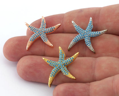 Starfish Star Pendant Micro Pave Rose Gold, Shiny Silver, Shiny Gold plated Brass blue rhinestone crystals 2068