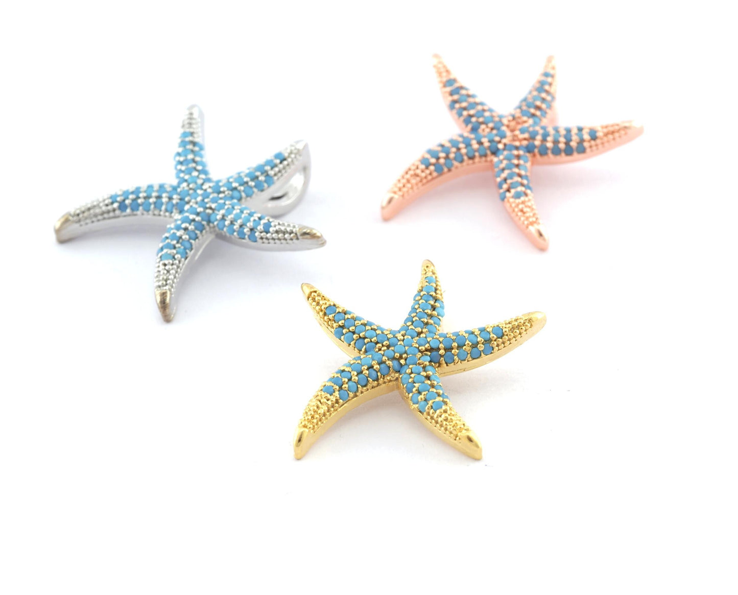 Starfish Star Pendant Micro Pave Rose Gold, Shiny Silver, Shiny Gold plated Brass blue rhinestone crystals 2068